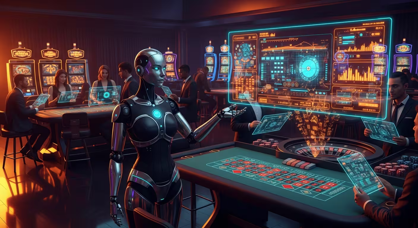 Interface futuriste d’assistant IA de casino avec analyses en temps réel et suggestions stratégiques